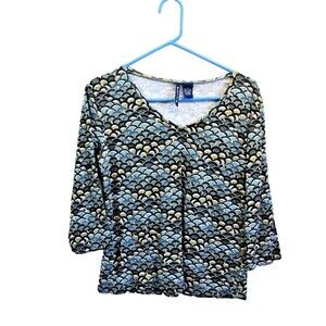 Womens Top Sz Large Multi Color Blue Artsy Print  V-Neck Pullover Architect